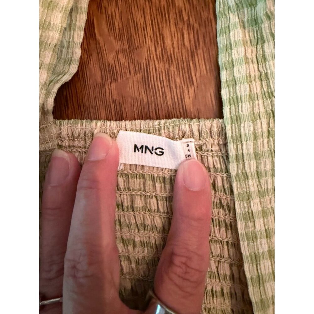 MNG Mango Green Gingham Seersucker Midi Dress Smocked Back Size S - Picture 2 of 8